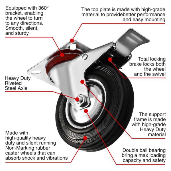 5 Inch Rubber Swivel Caster Wheel With Brake
