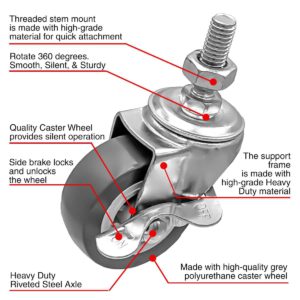 2 Inch Grey Hard PU 1.2″ Tall Threaded Stem Swivel Caster With Side Brake