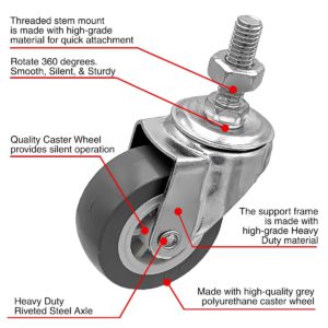 2 Inch Grey Hard PU 1.2″ Tall Threaded Stem Swivel Caster No Brake