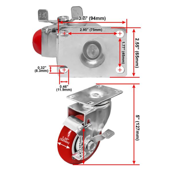 4 inch Red PU Swivel Caster With Side Brake