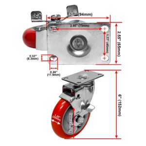 5 inch Red PU Swivel Caster With Side Brake