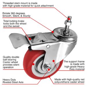 4 inch Red PU Swivel Stem Caster With Front Brake