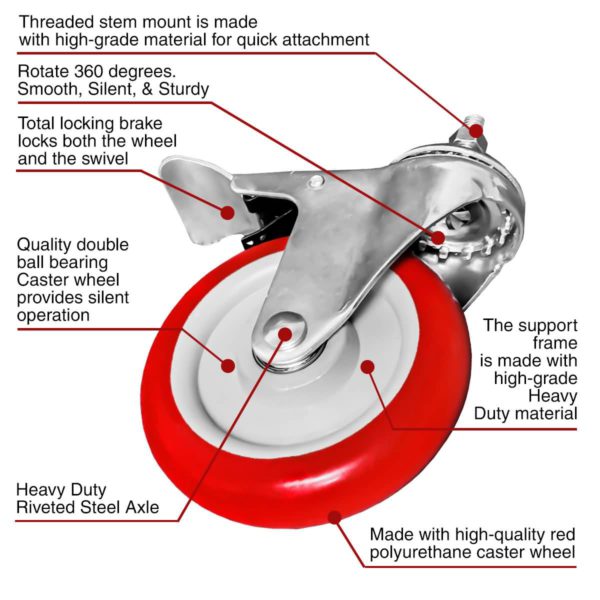 5 inch Red PU Swivel Stem Caster With Front Brake