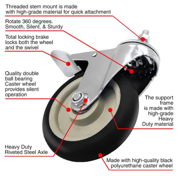 5 inch Black PU Swivel Stem Caster With Front Brake