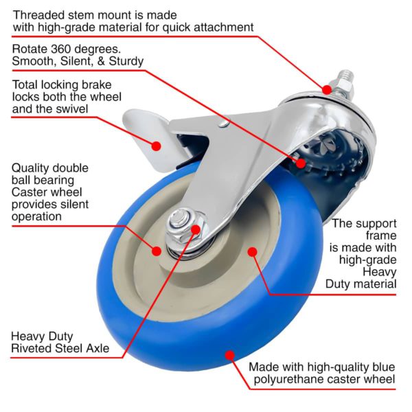 5 inch Blue PU Swivel Stem Caster With Front Brake