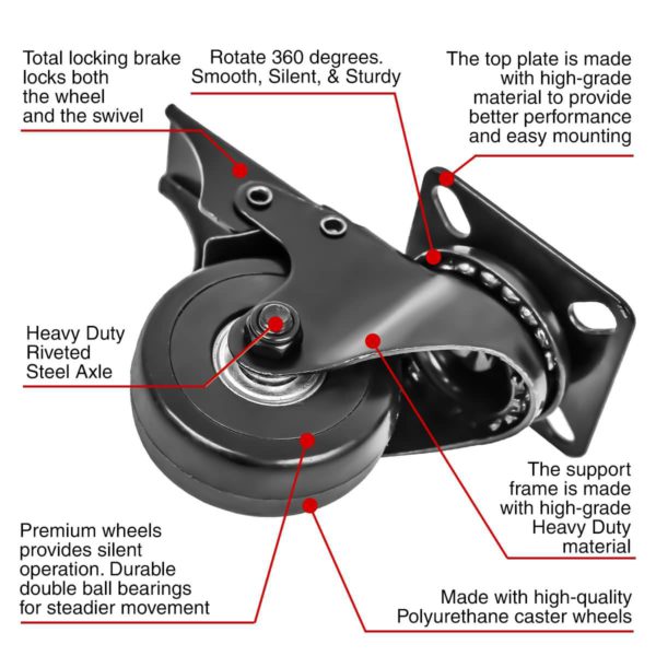 2 Inch All Black PU Swivel Caster Wheel With Brake