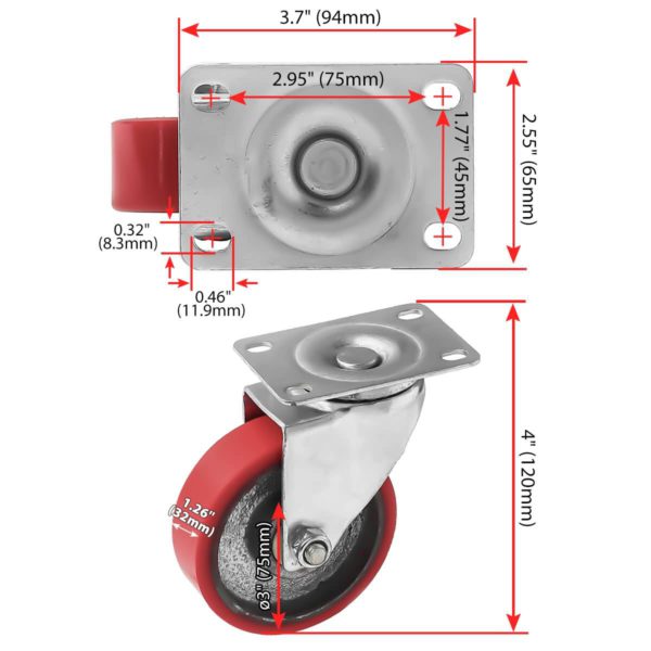 3 inch Red PU Swivel Polyurethane on Cast Iron Wheel Caster No Brake