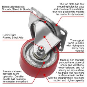 3 inch Red PU Swivel Polyurethane on Cast Iron Wheel Caster No Brake