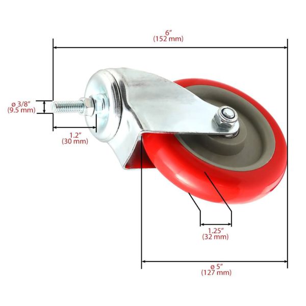 5 inch Red PU Swivel Stem Caster No Brake