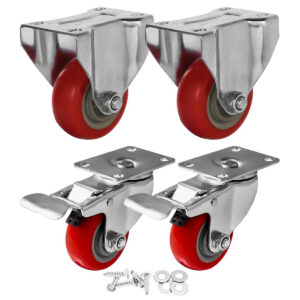 4 Pack 3" Caster Wheels Swivel 360 Degree 2 with Brake Swivel and 2 Rigid Non Swivel Fixed Stationery Combo On Red Polyurethane Wheels with Hardware