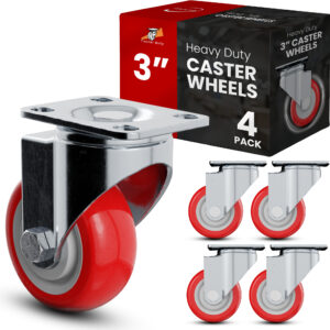 4 Pack 3 inch Red PU Swivel Caster No Brake - Image 1