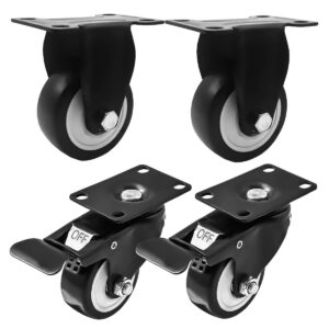 4 Pack Combo 3 inch All Black PU Caster Non Swivel Fixed Rigid & With Brake - Image 1