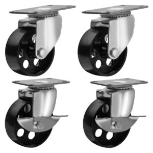 4 Pack Combo 3 inch Metal Swivel Caster (Black Wheel) 2 No Brake & 2 With Brake - Image 1