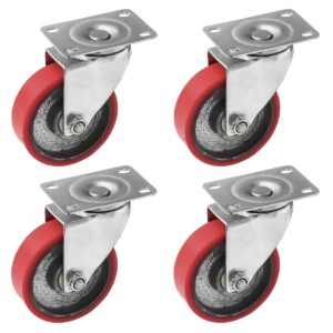 4 Pack 3 inch Red PU Swivel Polyurethane on Cast Iron Wheel Caster No Brake - Image 1