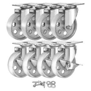 8 Pack Combo 4 Inch All Grey Metal Swivel Wheel 4 No Brake & 4 Brake With Hardware - Image 1